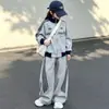 Conjunto Deportivo de Dos Piezas para Niñas, Primavera y Otoño, Nuevo, Rayas, Cuello Alto, Cierre de Cremallera, Sudadera de Pierna Ancha, para Niños Medianos y Grandes, Casual
