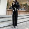 Jeans feminino de cintura alta e perna larga preto primavera e verão 2022 Novos calças boca de sino retas soltas que afinam e têm bom caimento
