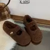 Pantuflas de lana de cordero para mujer, punta redonda, zapatos Mary Jane de velcro, nuevo estilo Otoño/Invierno 2026, forradas de felpa para abrigar, zapatos de algodón Birkenstock