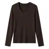 Camiseta básica de lana de acetato para mujer de otoño e invierno, camiseta de cuello en U de Tencel Lyocell estilo coreano, top de punto a rayas de manga larga ajustado