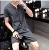 23 novos homens de algodão e linho manga curta terno dois botões terno de linho manga curta camiseta shorts masculino casual terno de duas peças