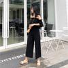 Traje de Hombros Descubiertos 2021 para Mujer, Verano Cintura Alta Adelgazante Estilo Coreano Pantalones de Pierna Ancha de Nueve Puntos, Conjunto de Dos Piezas de Hombros Descubiertos, Elegante y Moderno