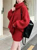 Novo conjunto de duas peças de vestido suéter emagrecedor de caimento solto para outono e inverno, moda casual coreana, terno de tricô de gola alta preguiçoso para mulheres
