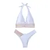 Bikini de dos piezas de color sólido nuevo para mujer, popular en Europa y América, bikini sexy ajustado, traje de baño push-up de cintura alta con cuello halter