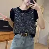 Top de punto corto para mujer estilo coreano, cuello redondo, manga de pétalo, lentejuelas, 26 camisetas de punto francés pesado de verano, top adelgazante