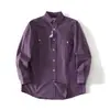 Camisa de Trabajo Retro Japonesa Morada Pura de Algodón, Manga Larga, Cuello, Corte Holgado, Parte Superior con Dobladillo Curvo para Primavera