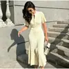 Aliexpress Vestido Transfronteiriço Verão Estilo Europeu e Americano Sexy Patchwork Botão Manga Curta Tricô Moda Slim Fit Vestido Longo
