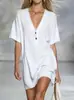 2026 Nuevo Vestido de Verano Holgado de Algodón y Lino con Mangas Cortas y Cuello en V, Moda Femenina Estilo Europeo y Americano Transfronterizo