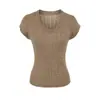 Camiseta de Tricô com Gola U Estilo Coreano de Linho Vazado de Manga Curta, Nova Moda de Verão Versátil Slim-Fit Top Básico para Mulheres