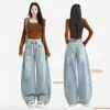 Jeans Feminino 2026 Tendência Azul Claro Bordado Americano Cimitarra Perna Larga Novo Cintura Alta Reta Solto Comprimento Total
