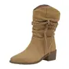 Botas de Comércio Transfronteiriço com Salto Grosso para Aumentar a Altura, Botas de Equitação Estilo Retrô, Botas de Cano Médio com Salto Bloco, Franjas de Camurça e Corda de Cânhamo