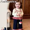 [Casa Rosa] Conjunto de Duas Peças Estiloso Coreano de Primavera e Outono com Camiseta de Desenho Retro Hello Kitty e Calça de Perna Larga
