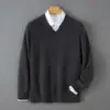 Suéter de Lã 100% Pura Engrossado para Homem, Novo Estilo Outono/Inverno, Gola V, Solto, Manga Longa, Pulôver, Camada Base de Dois Botões