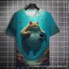 Gatito Divertido Pesca en la Playa Impresión 3D Transfronteriza Camiseta Casual de Cuello Redondo para Hombre Venta Directa de Fábrica Fuente