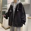 Chaqueta de Mezclilla para Hombre Otoño e Invierno Falsa de Dos Piezas Casual Estudiante Marca de Moda Atractivo con Capucha Holgada Ropa de Mezclilla