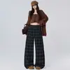 Calça Larga Casual Retrô Americana de Cintura Alta com Caimento, Xadrez Grosso Reta Longa para Mulheres, Outono e Inverno, Atacado de Peça Única