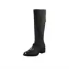Botas de Montar de Cuero Negro Estilo Básico Otoño/Invierno 2026 Tacón Medio Grueso Punta Redonda Piel Genuina Circunferencia de Pantorrilla Pequeña Botas de Pierna Alta para Mujer