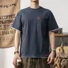 Camiseta Falsa de Dos Piezas de Manga Corta, Algodón Puro de Peso Pesado, Bloques de Color Bordados, Casual de Verano Estilo Americano con Bolsillo, Cuello Redondo, Holgada, Manga Media