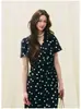 ShengduDescuento por tiempo limitado: Vestido de lunares negros con escote en V entallado a la cintura y falda de gasa adelgazante para mujer