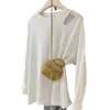 Camiseta Longa Vazada Estilo Americano High Street Feminina Nova Moda 2024 Primavera e Outono Marca de Moda Design Pesado Ombro Solto Top