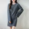 Vestido de punto redondo 100% lana pura, vestido midi de manga larga de color liso para mujer, corte holgado, moderno y elegante