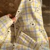 Pijama xadrez estilo japonês para cachorrinhos femininos, novo conjunto de duas peças com calça comprida e manga longa para primavera e outono, roupa de casa para meninas