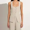 Traje de Algodón y Lino Transfronterizo Más Vendido para Mujer Estilo Commuter Chaleco sin Mangas de Encaje con Cuello Cuadrado Pantalones de Pierna Ancha de Cintura Alta Conjunto de Dos Piezas