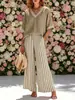 Conjunto de duas peças listrado com decote em V, coleção Primavera/Verão 2026, blusa solta de manga curta e calça pantalona, conjunto feminino para comércio exterior
