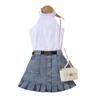 Ropa infantil transfronteriza de Amazon SHEIN chaleco liso para niñas top sin mangas traje de falda plisada de mezclilla con bolsa abierta