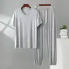 Conjunto de Pijama Casual de Verano para Hombre, Talla Grande, Cuello en V, Manga Corta, Modal, Color Sólido Delgado