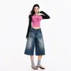 Jeans cropped de pierna ancha para mujer, desgastados, lavados, pantalones cropped retro vintage azules, Yichun