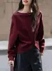Moletom com Gola Uma Linha e Nó Torcido Design para Mulheres Outono 2025 Novo Elegante Casual Estilo Preguiçoso Top Solto Casual