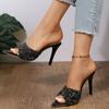 Sandalias y zapatillas de tacón alto con lentejuelas de estilo europeo y americano, novedad de verano de 2024, sandalias de moda de tacón alto con punta abierta para mujer