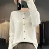 Cardigã de lã feminino de alta qualidade com estampa floral, gola redonda, corte solto, abotoado, tricô casual, peça externa branca