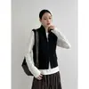 Colete de tricô sem mangas, gola alta, cinza mesclado, estilo francês, sofisticado, perfeito para outono e inverno, com um toque retrô e casual, ideal para usar em camadas.