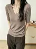 Camiseta de Lã Lyocell 260g para mulheres, direto da fábrica, nova, para o início do outono, slim fit, gola V, exclusiva para atacado de verão