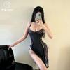 Fin de Temporada Sexy Encaje Escote en V Profundo Elegante Abertura Sexy Lencería Tentación de Cortar Camisón con Tirantes Transparente para Hombre 9067