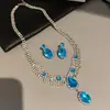 Conjunto vintage de brincos e colar de borla torcida cravejados de diamantes, corrente de clavícula de luxo leve de alta qualidade, estilo palaciano para mulheres