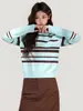 Suéter de Tricô Color Block Listrado Azul Fashionável Suave de Manga Longa para Mulheres 2026 Outono e Inverno Suéter de Gola Redonda Top Camada Interna