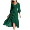 Vestido Feminino Amazon Transfronteiriço 2025 Gola V Cor Sólida Manga Três Quartos Ajuste na Cintura Slim Fit Elegante para Madrinha