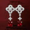 Brincos de flor estrelas rubi com microincrustação de diamantes de alto carbono, brincos longos de diamante de coroa vermelha, brincos de corindo vermelho