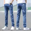 Jeans Finos de Verão para Homens, Marca Moderna Slim Fit, Elástico Perna Reta, Lavado Casual Calças Longas para Homens