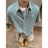 Camisa de Xadrez Retrô Americana Manga Curta Masculina Verão Marca Tendência Fina Solta Respirável Fresca Lapela Manga Três Quartos Top