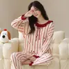 Conjunto de Pijama Feminino 100% Algodão para Primavera e Outono, Manga Longa Calça Longa, Pode Ser Usado Fora de Casa, Estilo Coreano Casual Listrado Conjunto de Roupa de Casa