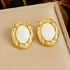 Pendientes Vintage de Esmalte Ovalados de Lujo Ligero, Populares Pendientes Decorativos de Acero Inoxidable Chapado en Oro Estilo Francés de Mediados de Siglo para Mujer