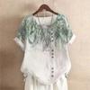 2026 Amazon Aliexpress Roupas Femininas Estampa de Folhas Verdes Vintage Algodão Linho Manga Curta Gola Redonda Pulôver Camiseta Camisa