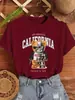 Camiseta Estampada con Letras de California de Oso Mecánico de Dibujos Animados para Mujer Casual Cuello Redondo Manga Corta Algodón Ropa de Verano Y2K Holgada