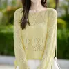 Blusa de Verão Transfronteiriça de Linho Ombro a Ombro com Renda e Padrão de Diamante, Solta, de Manga Longa para Mulheres, Camisa Elegante e Fresca com Proteção Solar
