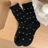 Meias de Lã de Ovelha com Bolinhas, Meias Grossas Quentes de Outono e Inverno, Meias Femininas de Cano Médio, Meias Femininas Retro com Bolinhas e Renda Estilo Coreano