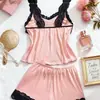 Pijama Sexy de Nuevo Estilo Transfronterizo para Mujer, Ribete de Encaje de Color Sólido, Colores Contrastantes, Ropa de Casa Dulce, Camisola con Shorts, Más Vendido en Comercio Exterior